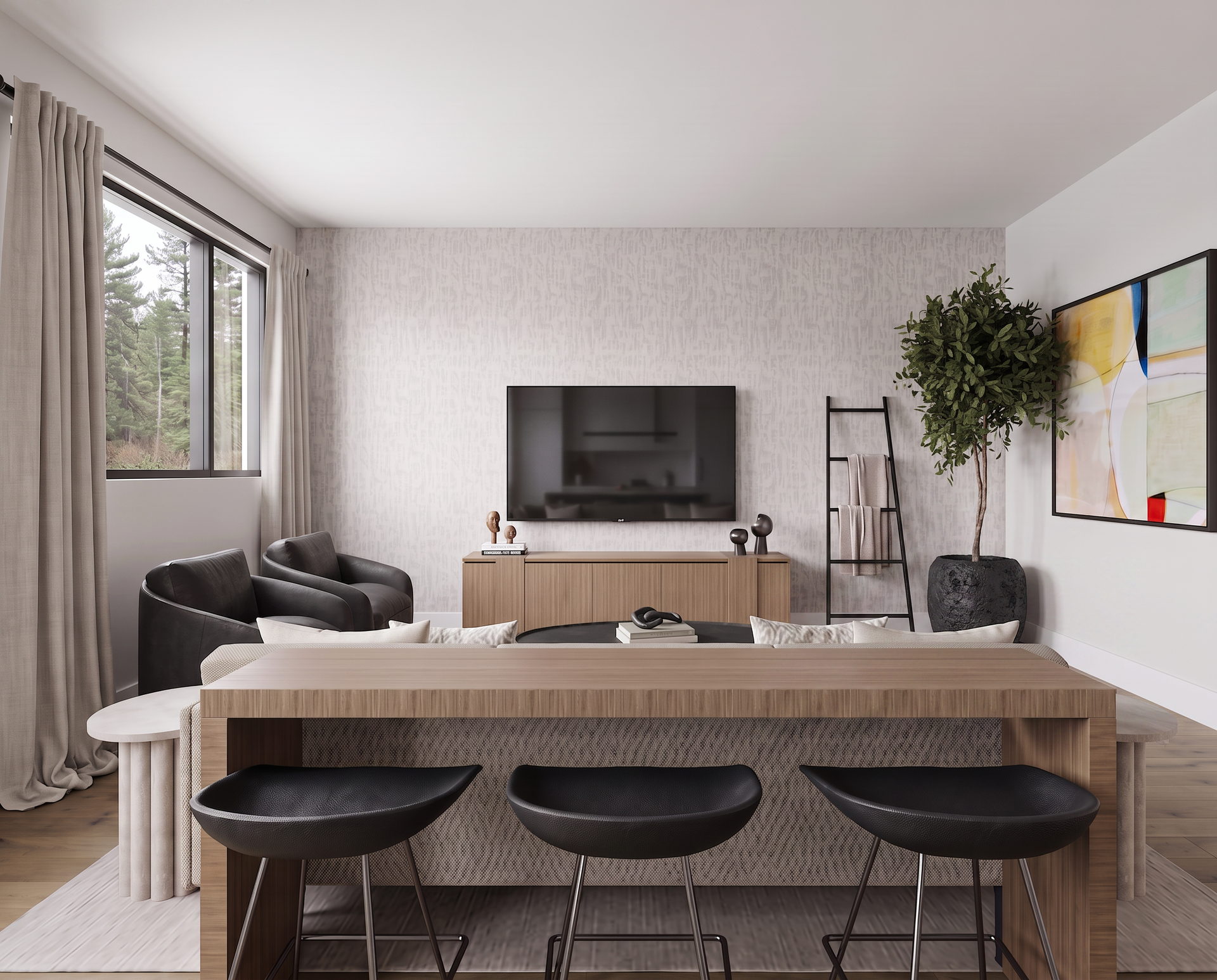 The Current — Living room and dining bar