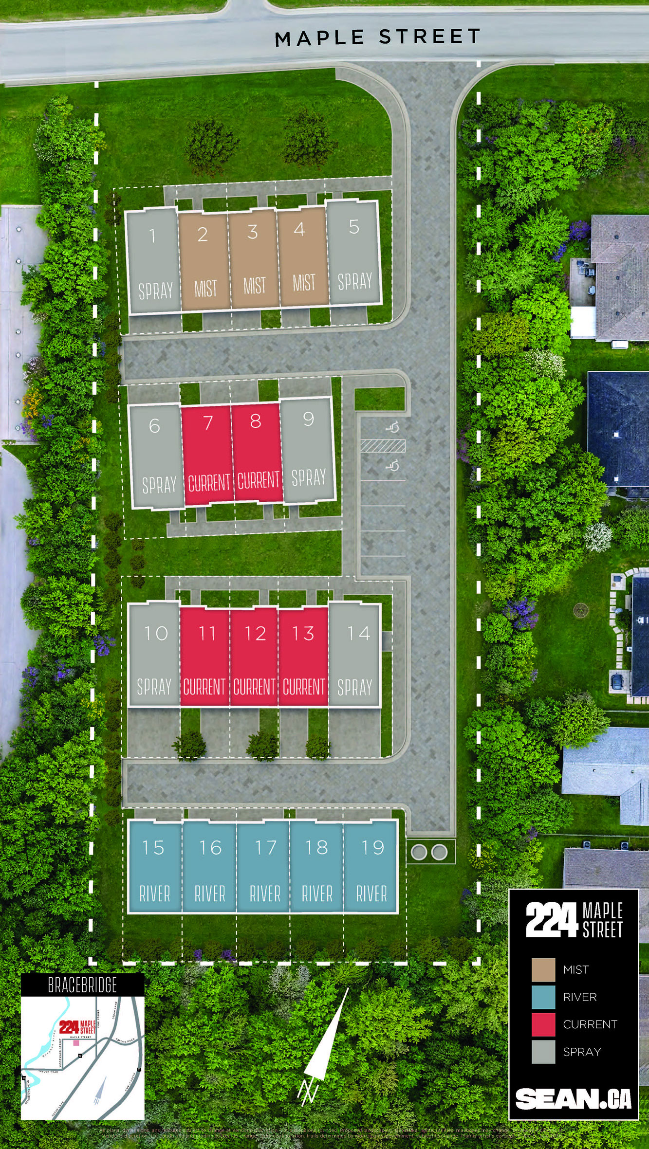 224 Maple Street site plan showing 19 lots with model assignments